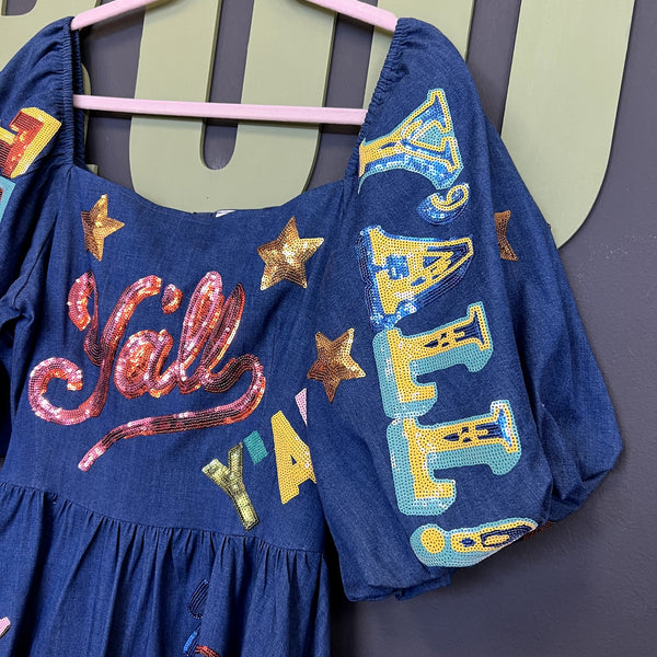 NWT $235 Rare Queen of Sparkles Y'all Sequin Denim Dress Size Large