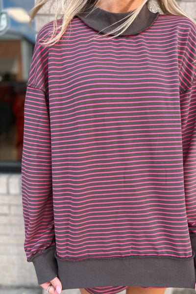 Brown + Pink Striped Mockneck Pullover