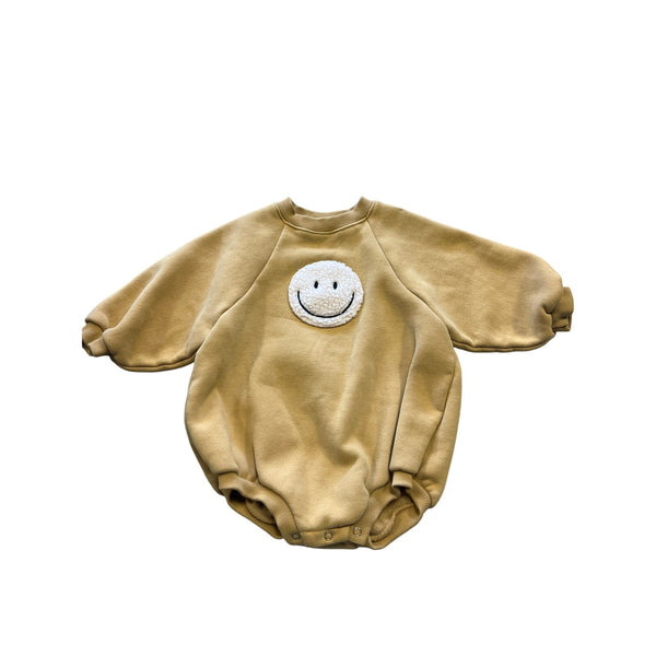 Bebe Holic Mustard Bubble One Piece Embroidered Sherpa Smiley Toddler Large
