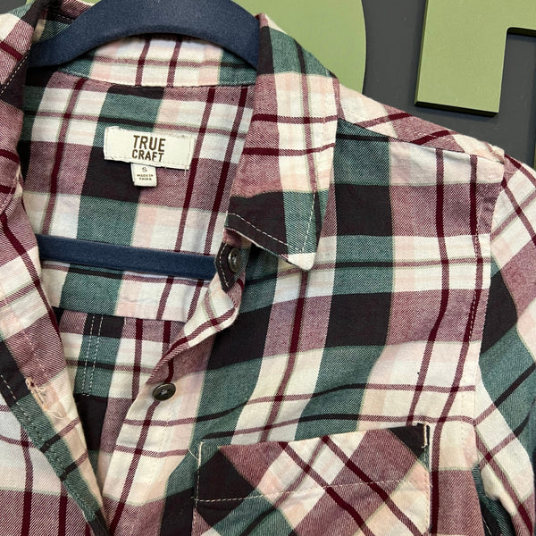 True Craft Maroon + Green Plaid Button Down Top Small