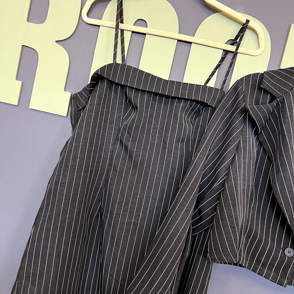 Women's Black Pinstripe Mini Dress + Blazer Set Plus Size 0XL