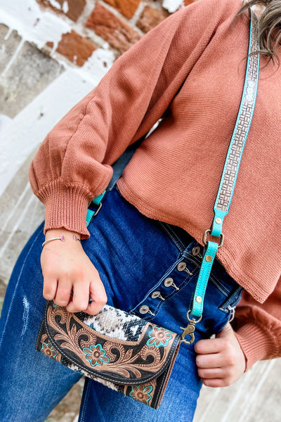 Navy & Turquoise Tooled Leather Wallet + Crossbody