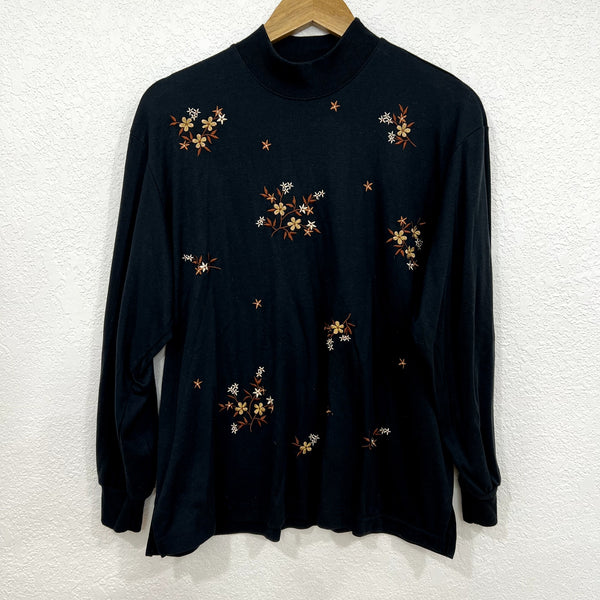 Vintage 90s BonWorth Black Floral Embroidered Mock Neck Pullover Med Petite