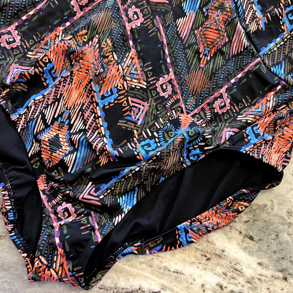 NWT Time and Tru Mayan Black Orange Blue One Piece Swimsuit 2XL