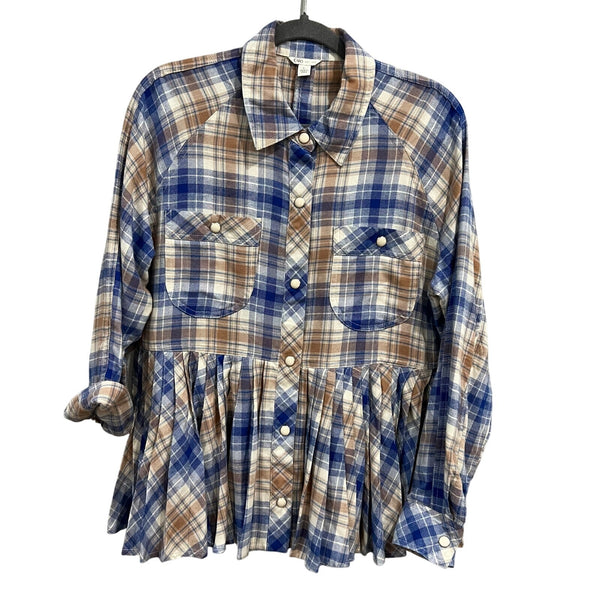 Cato Butter Soft Blue + Brown Plaid Ruffle Hem Pearl Button Down Top Large