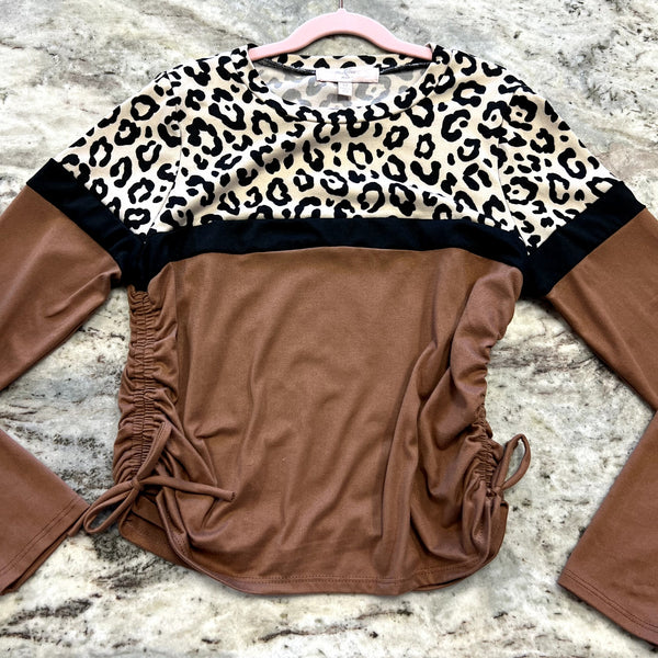 Moa Moa Girls Leopard Ruched Side Long Sleeve Top Size Youth Medium