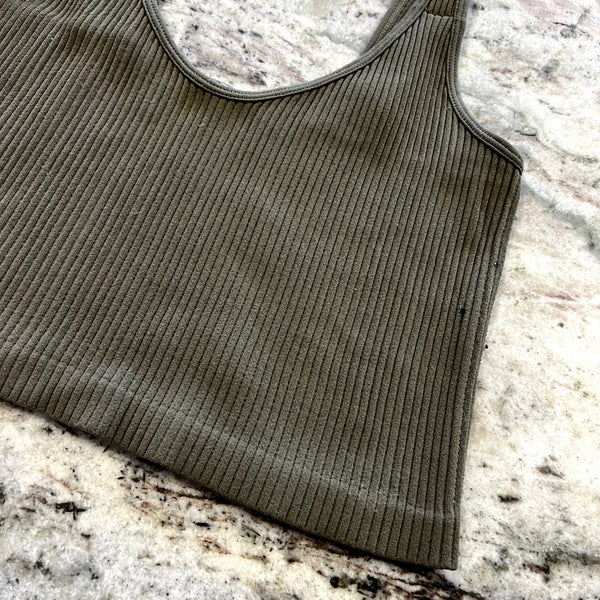 Anemone Olive/Charcoal Ribbed Crop Tank One Size