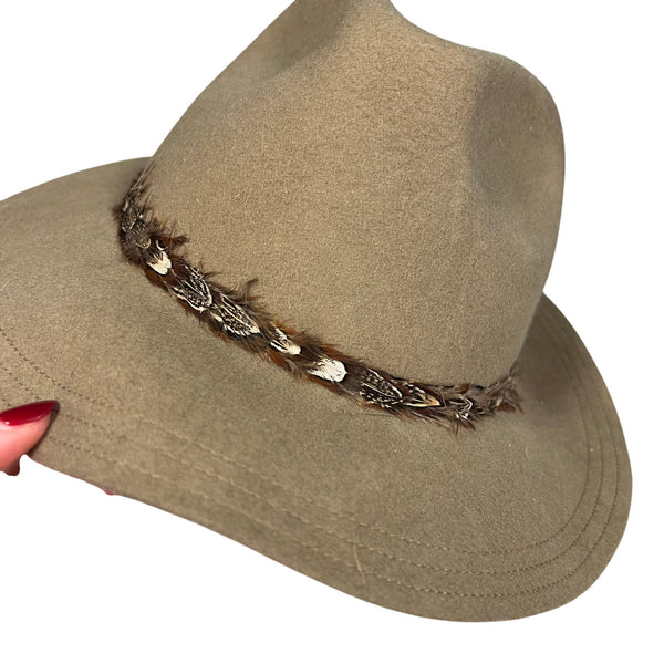 Olive & Pique Tan Felt Fedora Hat with Feather Band