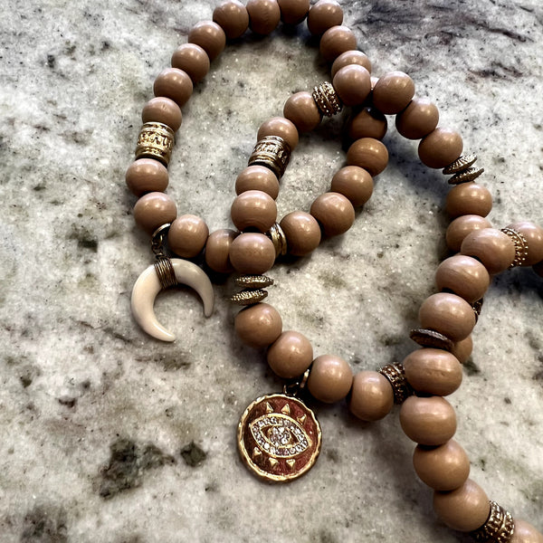 Set of 4 Wooden Beaded Bracelets with Gold Accents