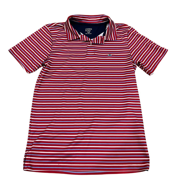Crown & Ivy Boys Red + Navy Striped Short Sleeve Polo Size Medium