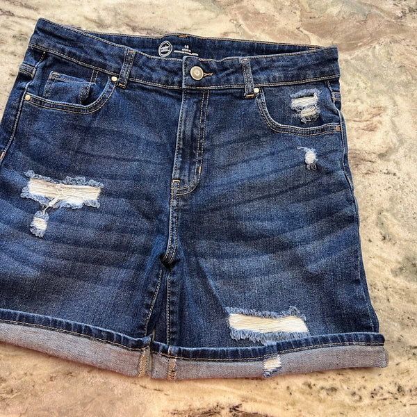 Wonder Nation Girls Dark Wash Cuffed Denim Distressed Bermuda Shorts Size 16