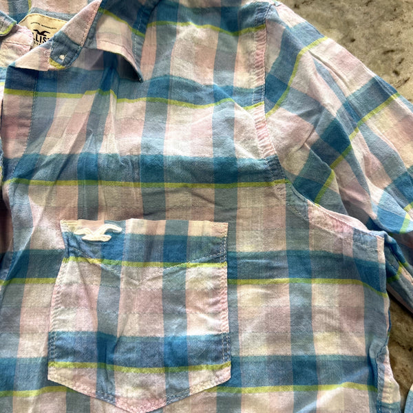 Hollister Y2K Teal + White Plaid Button Down Top Large