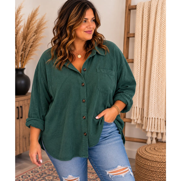 Women's Green Corduroy Button Down Shacket Size 3XL