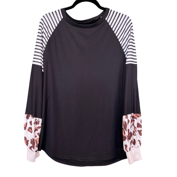 Women's Mixed Print Stripe + Leopard Long Sleeve Blouse XXL