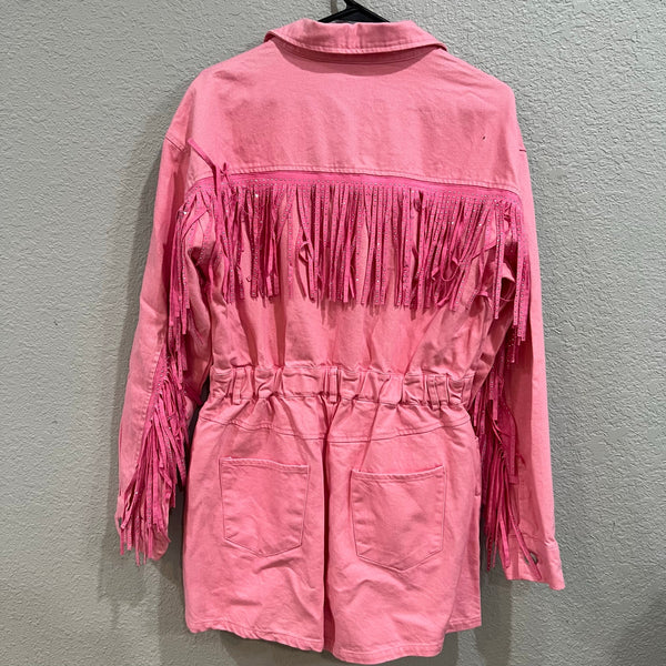 NWT BiBi Boutique Pink Denim Long Sleeve Fringe Romper Large