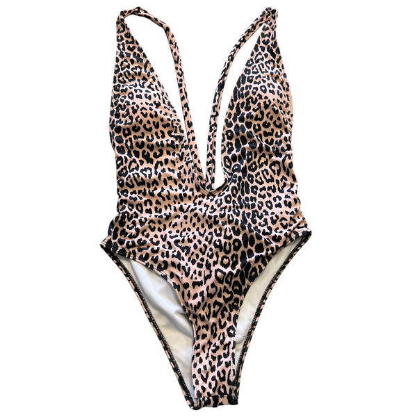 Women's Leopard Deep Plunge Neck Open Back Strappy One Piece Swimsuit Medium
