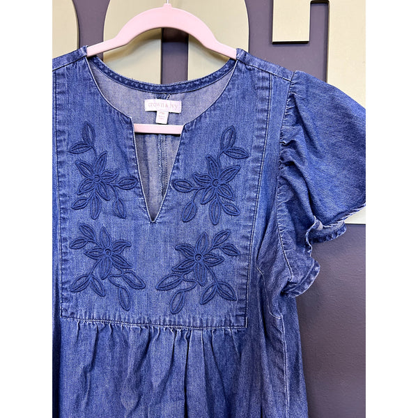 Crown & Ivy Denim Embroidered Mini Dress Size Petite Medium