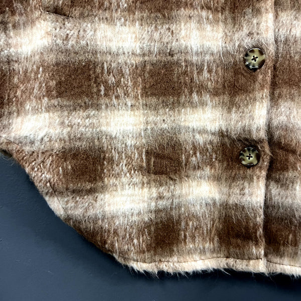 Time and Tru Faux Fur Brown Plaid Longline Button Down Trench Coat Medium