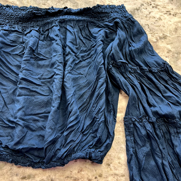 Free People Navy Off Shoulder Flare Sleeve Blouse Small