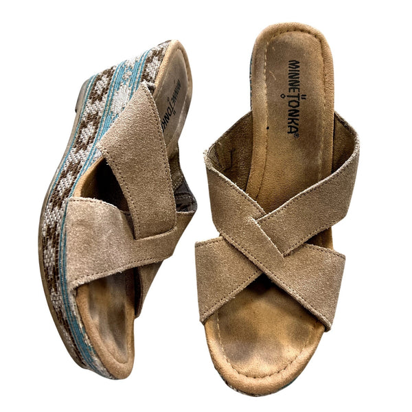Minnetonka Aztec Wedge Open Toe Sandals Size 8