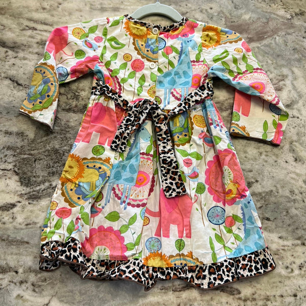 Ann Loren Whimsy Zoo Animals + Leopard Long Sleeve Flowy Dress Size 2T