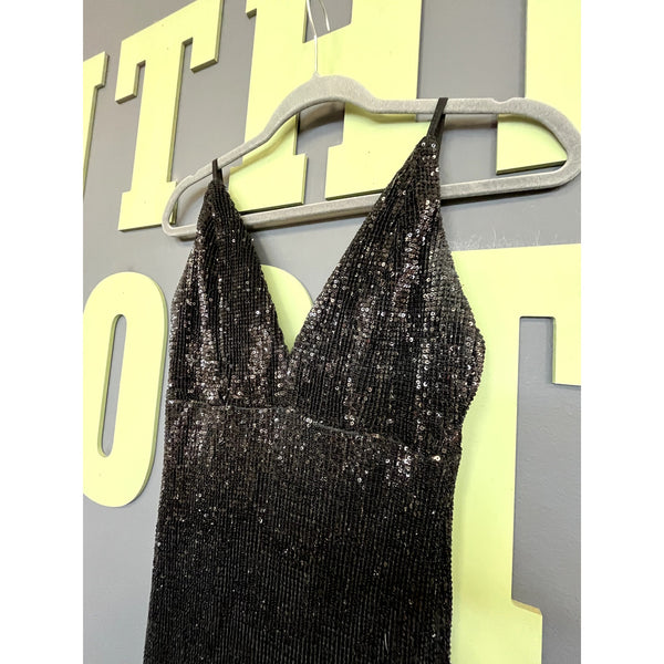 Hello Molly Women's Black Sequin V-Neck Open Back Maxi Dress Size XS