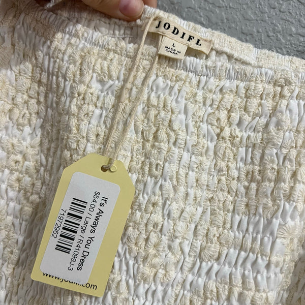 NWT Jodifl Floral Embroidered Smocked Ivory Dress Large