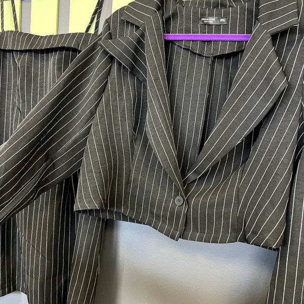 Women's Black Pinstripe Mini Dress + Blazer Set Plus Size 0XL