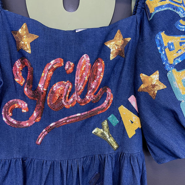 NWT $235 Rare Queen of Sparkles Y'all Sequin Denim Dress Size Large