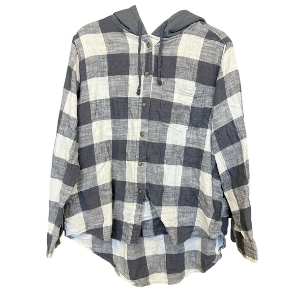 Time and Tru Gray + White Plain Hooded Button Down Flannel Size XL