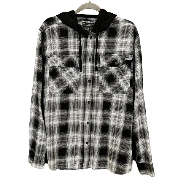 No Boundaries Men's Black + White Oversized Fit Hooded Flannel Medium