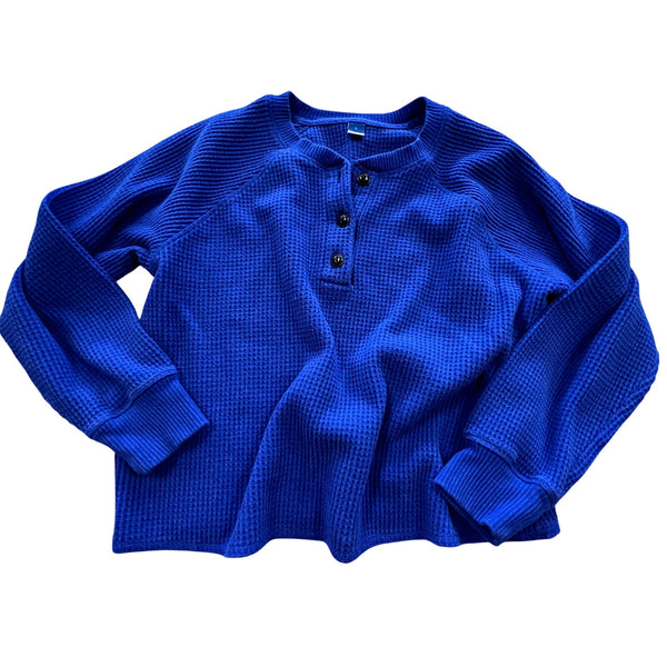 Old Navy Royal Blue Cropped Waffle Knit Quarter Button Top Size Large