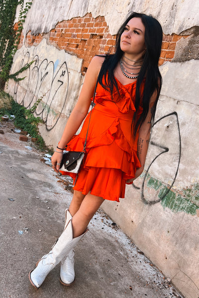 Bright Red Satin Ruffle Dress