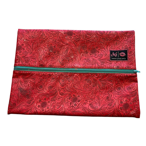 Makeup Junkie Tooled Red Leather Large Makeup Bag