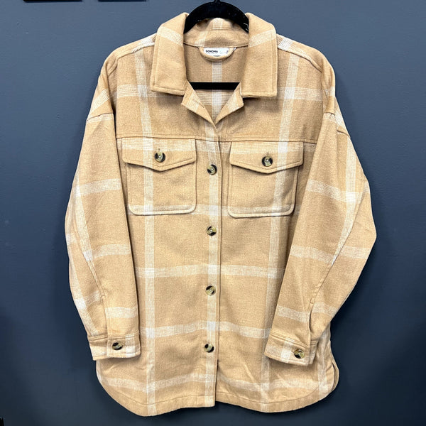 NWT Sonoma Light Tan Plaid Heavyweight Shacket Size Medium