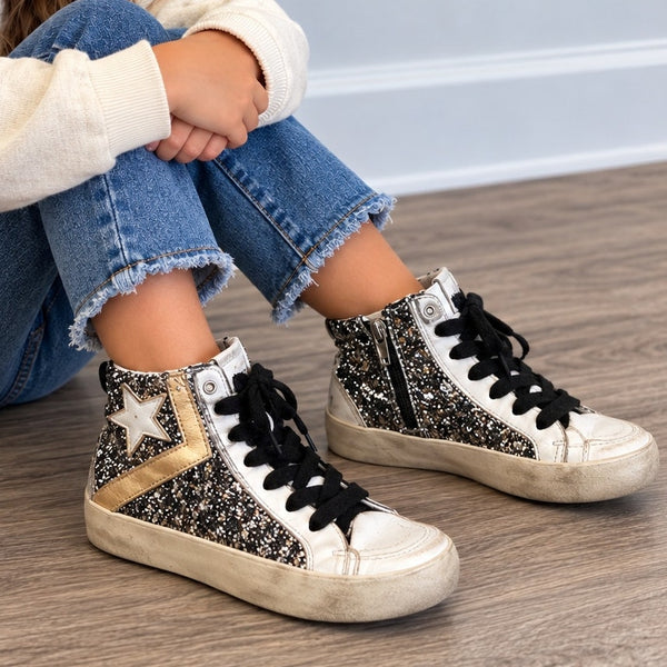 Shu Shop Black Glitter Star High Top Sneakers Youth Size 12