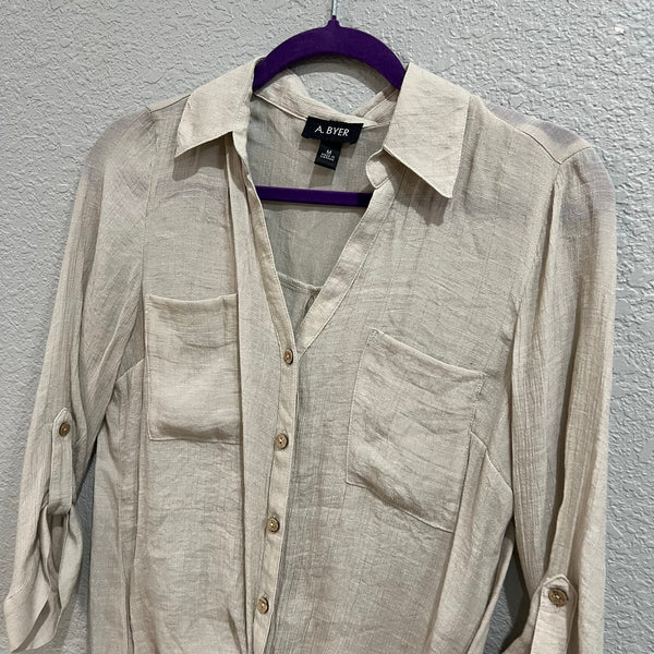 A. Byer Lightweight Taupe Button Down Blouse Medium
