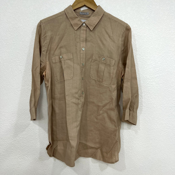 Chico's No Iron Half Button Tan Linen Blouse Size 2