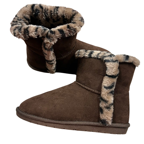 NIB True Craft Women's Polly Brown + Leopard Short Sherpa Lined Boots Size 8