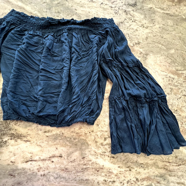 Free People Navy Off Shoulder Flare Sleeve Blouse Small