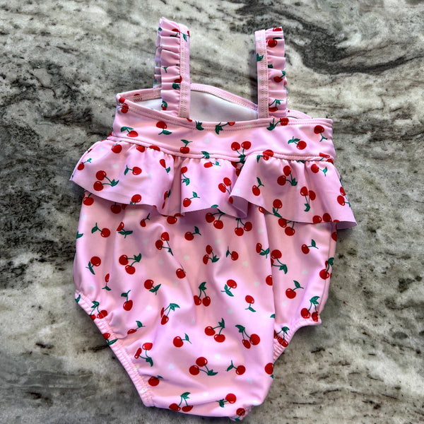Baby Girls One Piece Pink Swimsuit Cherry Ruffle Size 6-9 Mo