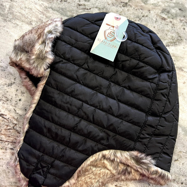 NWT Class Club Black Quilted Nylon Trapper Hat