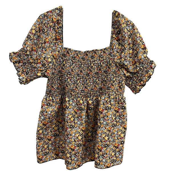 Women's Curvy Fall Floral Smocked Square Neck Peplum Blouse 1XL