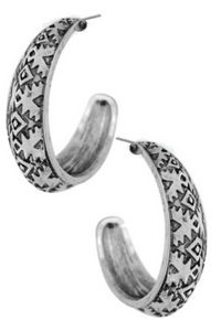 Burnish Silver Aztec Hoop Earrings
