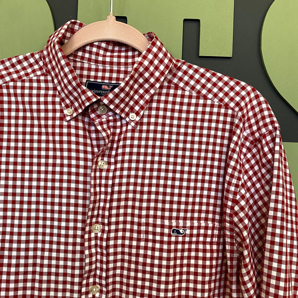 Vineyard Vines Classic Fit Tucker Plaid Red + White Checkered Button Down Med