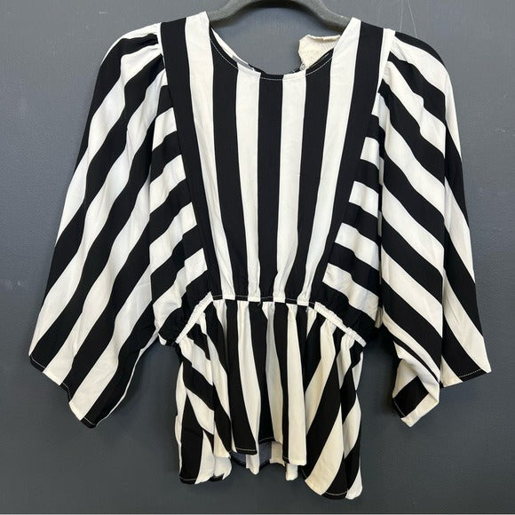 Savannah Jane Black + White Striped Peplum Dolman Sleeve Blouse Small