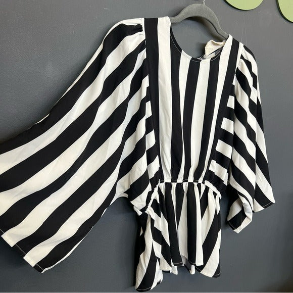 Savannah Jane Black + White Striped Peplum Dolman Sleeve Blouse Small