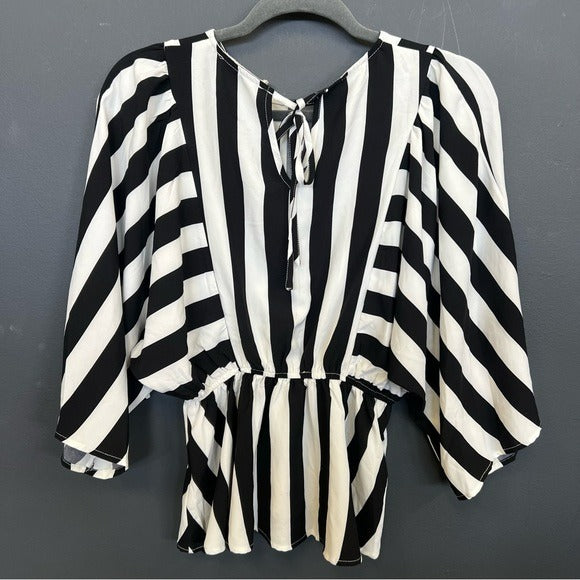 Savannah Jane Black + White Striped Peplum Dolman Sleeve Blouse Small