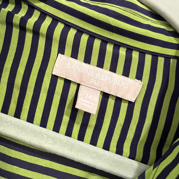 Banana Republic Lime Green + Navy Silk Button Down Blouse Medium
