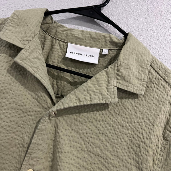 Plenum Studio Textured Olive Green S/S Button Down Polo Large